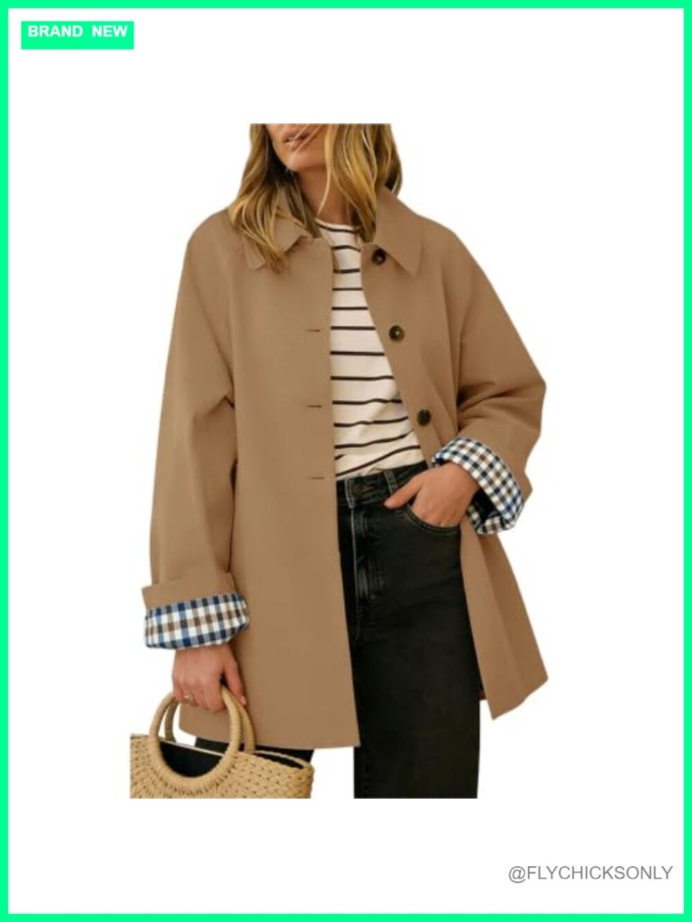Womens Trench Coat Button Up Jacket Plaid Lined Lapel Mid-Length
